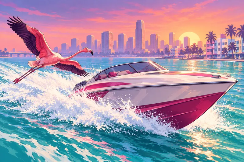 Illustrated speedboat racing a flamingo across Biscayne Bay