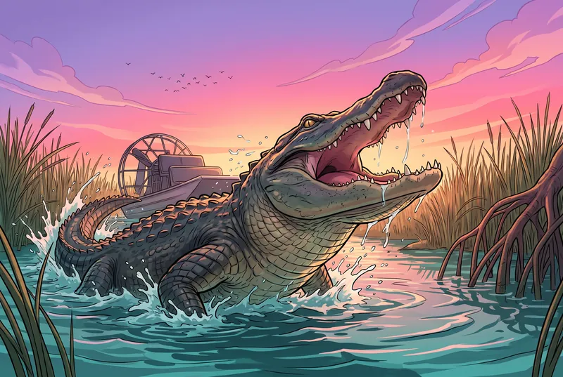 Illustrated alligator lunging from Everglades water beside an airboat