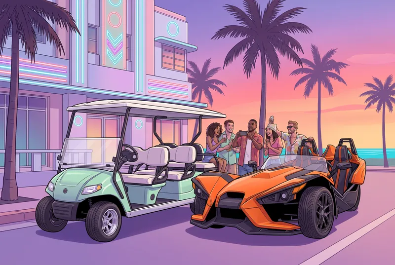 Illustrated golf cart and orange Slingshot parked outside a neon Art Deco hotel