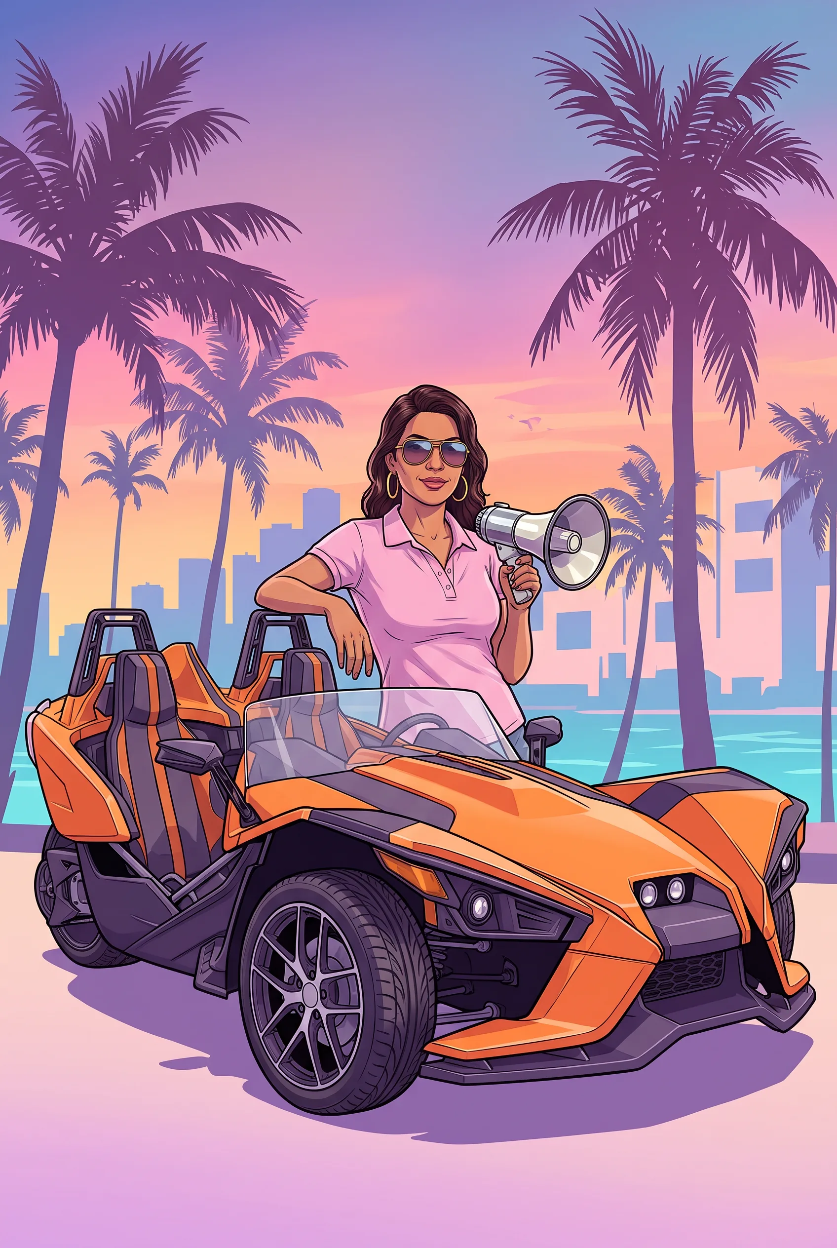 Illustration of a Miami tour guide with a megaphone beside an orange Slingshot