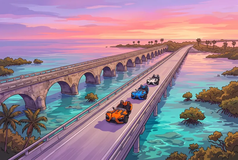 Illustrated Slingshot convoy crossing a Florida Keys bridge