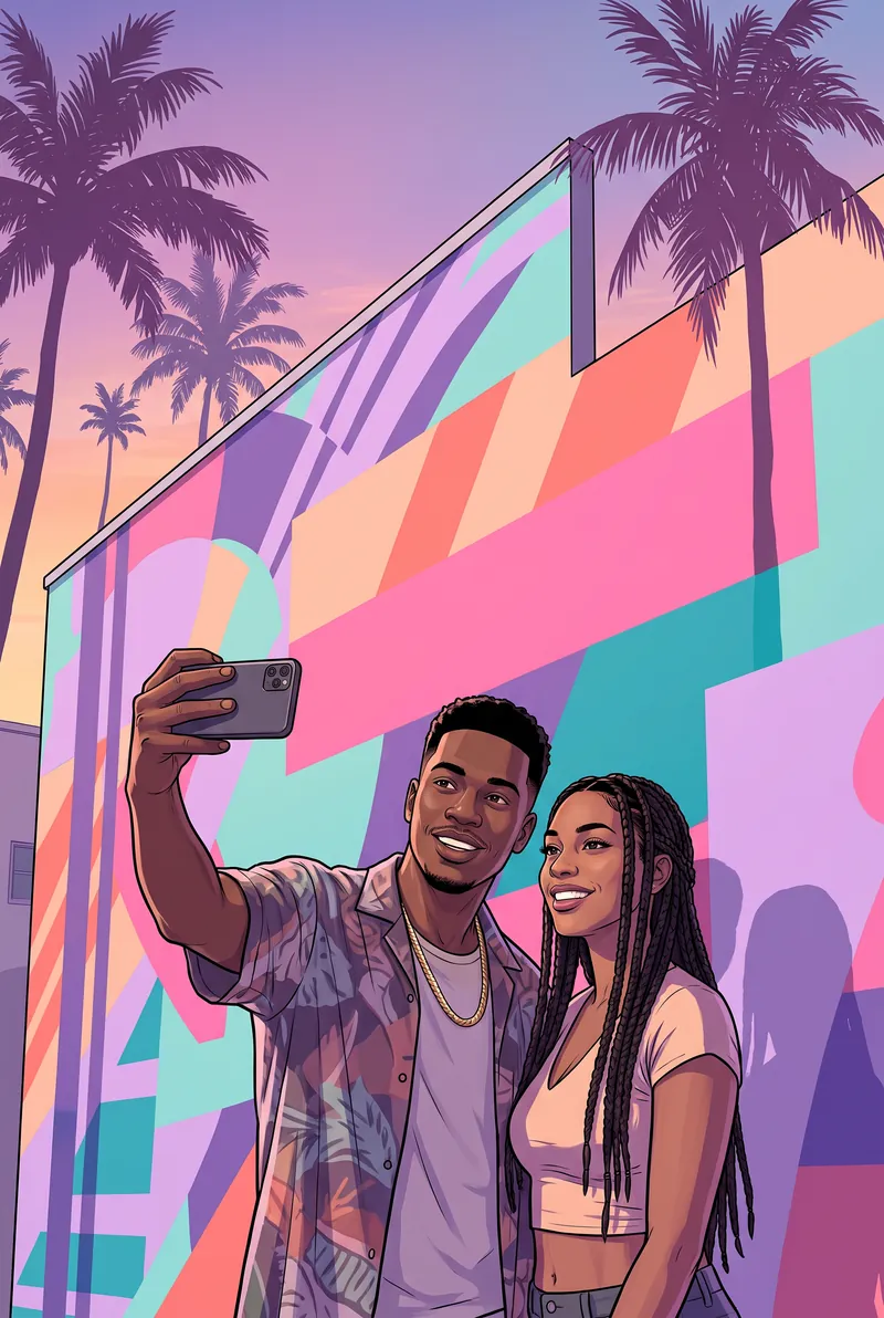 Illustrated friends taking a selfie in front of a Wynwood-style mural