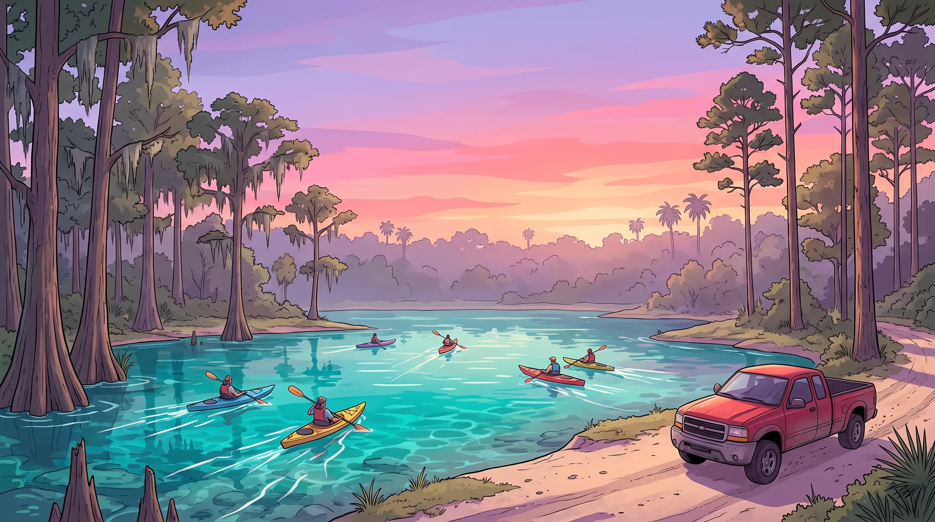 Illustration of North Florida & South Georgia backwoods in the GTA VI art style