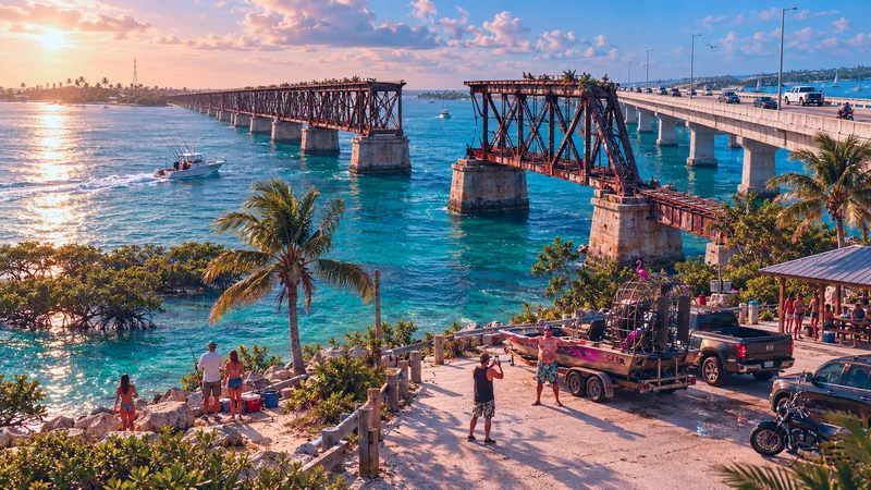 Bahia Honda Rail Bridge and new Bahia Honda Bridge, Bahia Honda State Park rebuilt in GTA VI style: Bahia Honda Rail Bridge, rebuilt as a Vice City scene