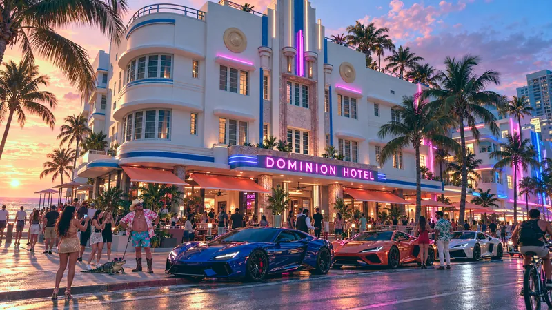 Dominion Hotel rebuilt in GTA VI style: Dominion Hotel, rebuilt as a Vice City scene