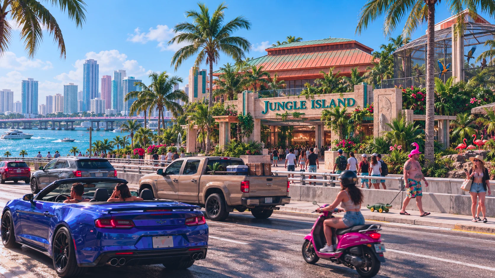Jungle Island rebuilt in GTA VI style: Jungle Island, rebuilt as a Vice City scene