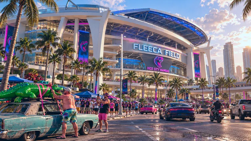 Fleeca Field rebuilt in GTA VI style: Fleeca Field, rebuilt as a Vice City scene
