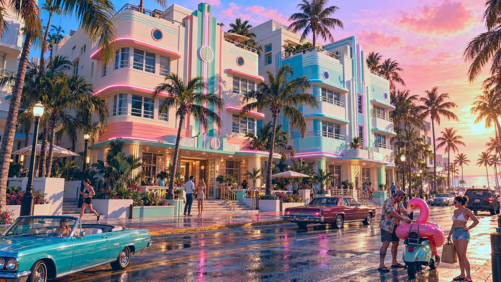 Hilton McAlpin-Ocean Plaza rebuilt in GTA VI style: Hilton McAlpin-Ocean Plaza, rebuilt as a Vice City scene