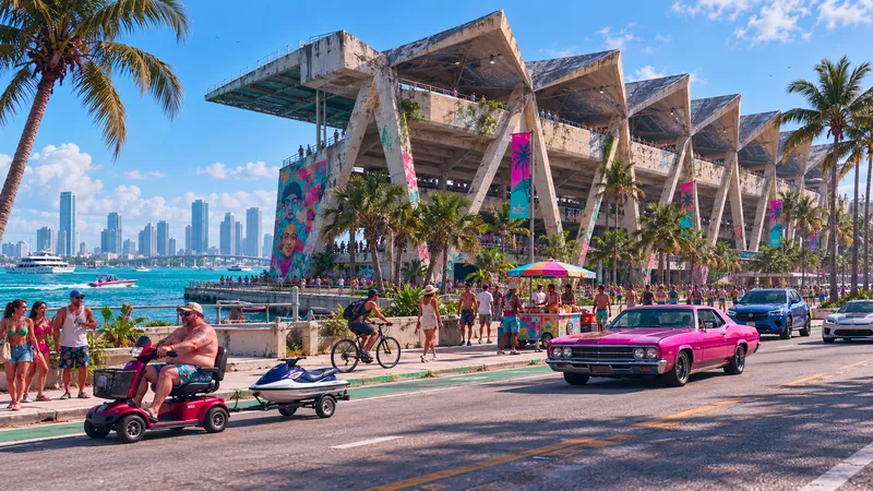 Miami Marine Stadium rebuilt in GTA VI style: Miami Marine Stadium, rebuilt as a Vice City scene