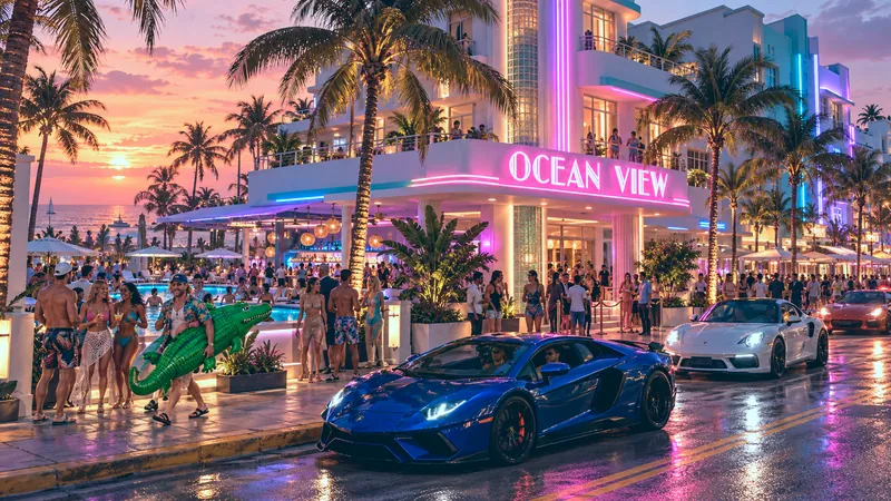 Ocean View Hotel rebuilt in GTA VI style: The Ocean View's neon and pool-bar crowd at dusk on the Vice Beach strip