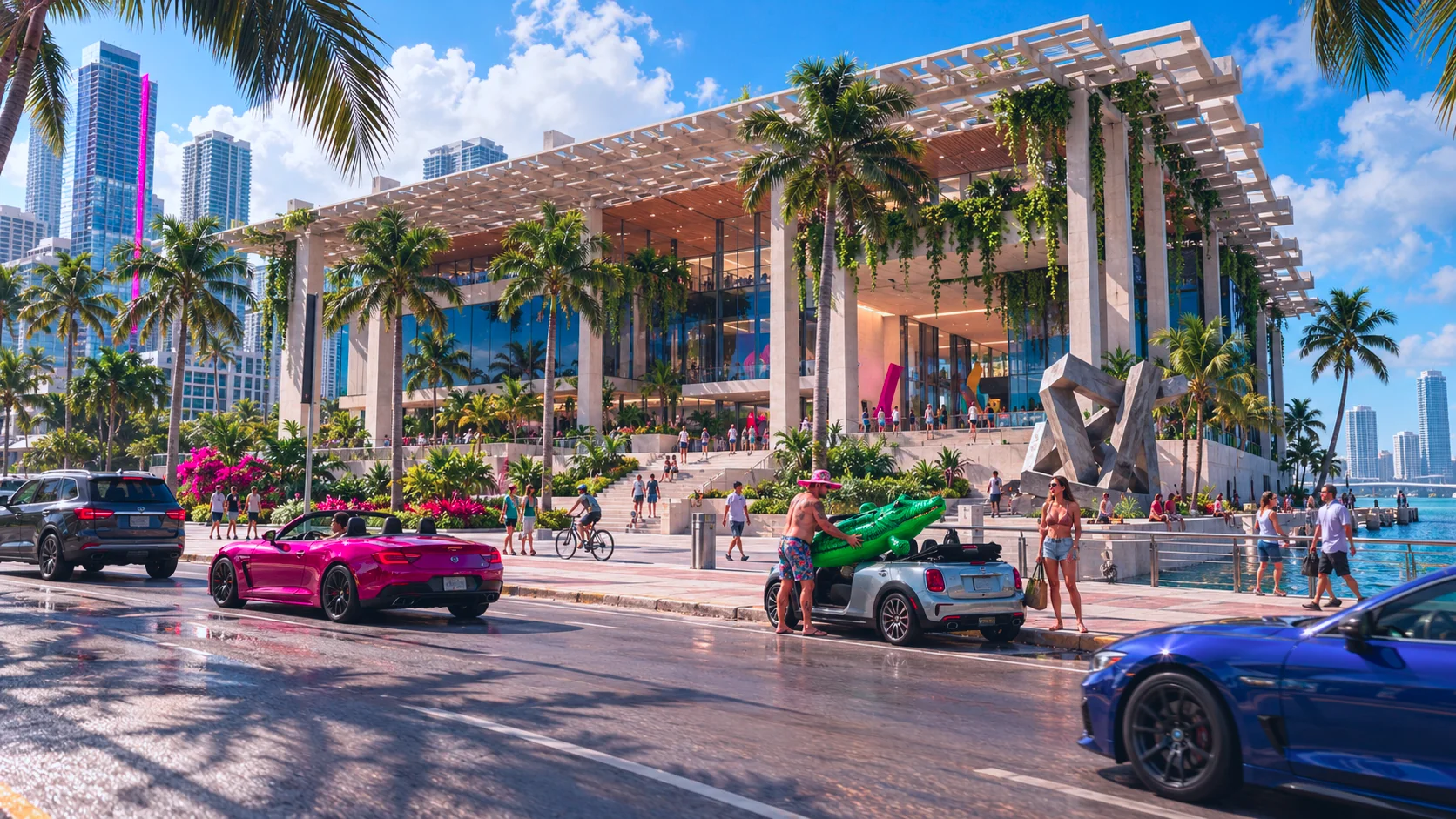 Pérez Art Museum Miami rebuilt in GTA VI style: Pérez Art Museum Miami, rebuilt as a Vice City scene