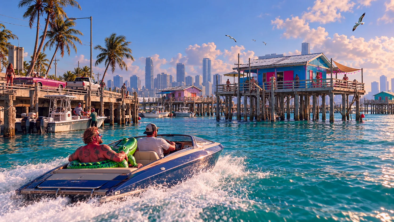 Stiltsville rebuilt in GTA VI style: Stiltsville, rebuilt as a Vice City scene