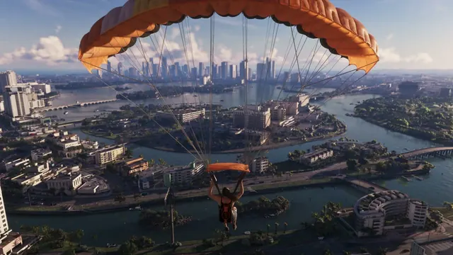 An Extended Look at 18:54: Parachute over a chain of bridged islands leading to the downtown skyline - Venetian Islands + Venetian Causeway to downtown Miami