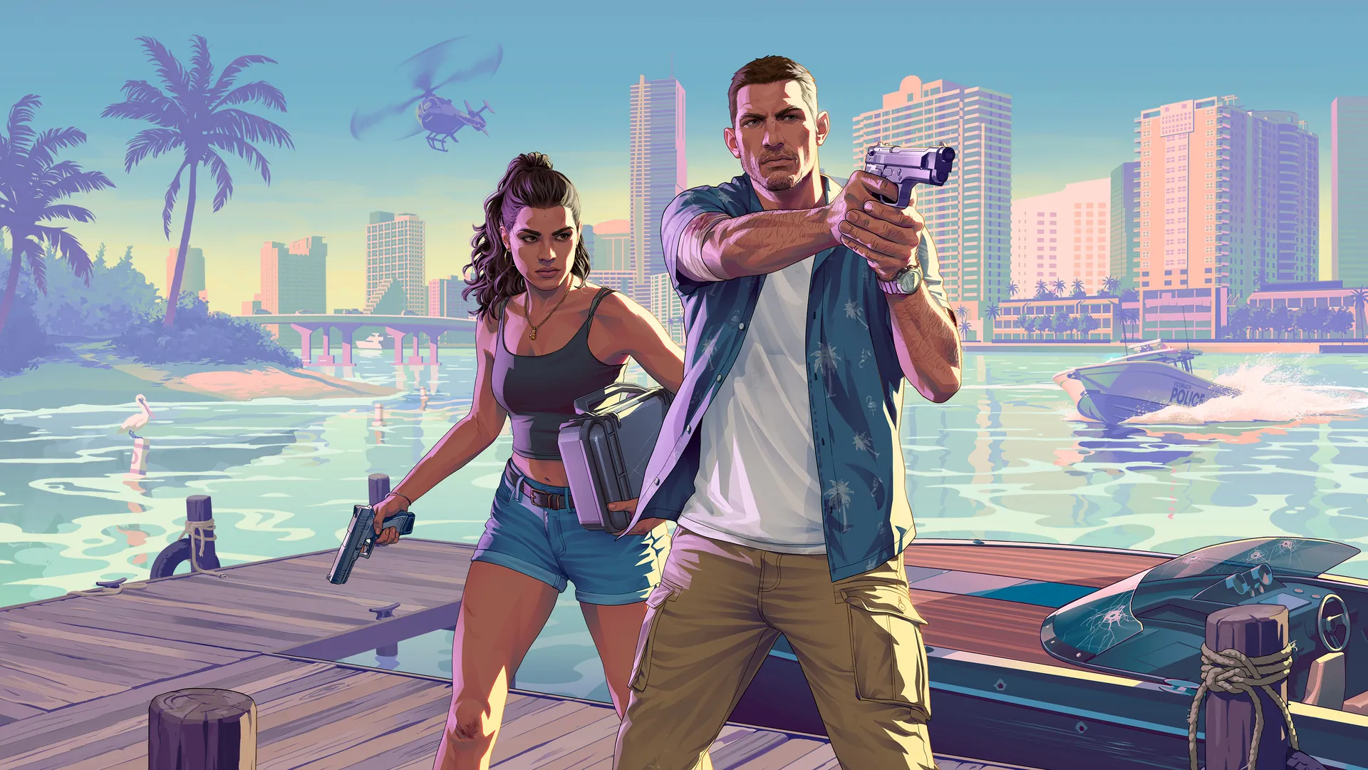 Official GTA VI key art of Jason and Lucia on a car in front of Art Deco hotels