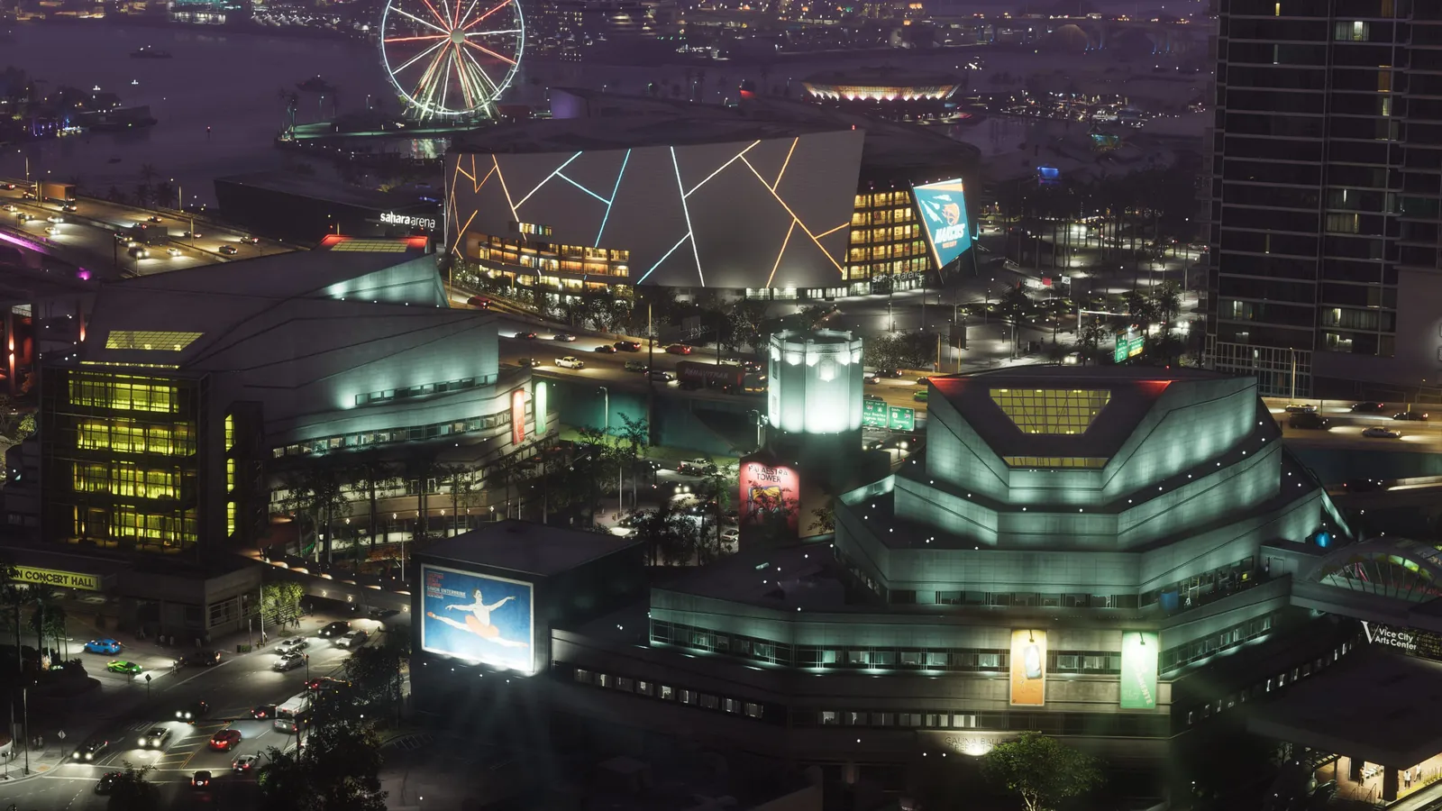 Vice City Arts Center in GTA VI: The Vice City Arts Center at night: the Galina Ballet Opera House, the concert hall and the Palaestra Tower beside Catalan Boulevard.