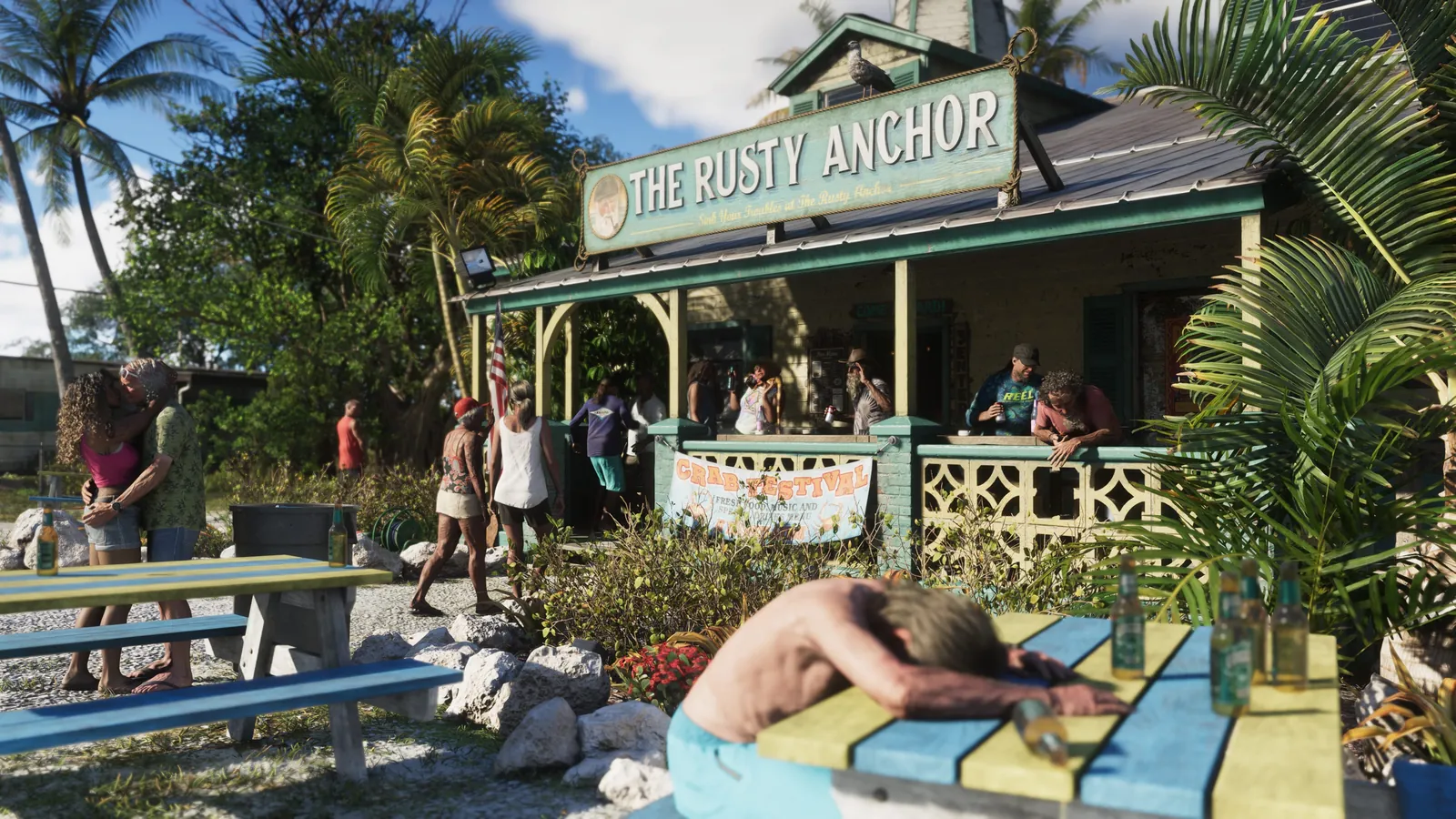 The Rusty Anchor in GTA VI: The Rusty Anchor beach bar's exterior in the Leonida Keys, crowded with drinkers out front.