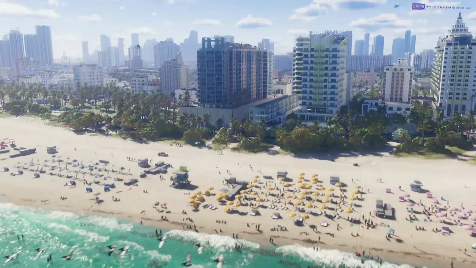 Loews Miami Beach Hotel in GTA VI: Opening aerial of Ocean Beach's oceanfront hotel towers as a NINE1NINE banner plane flies overhead.