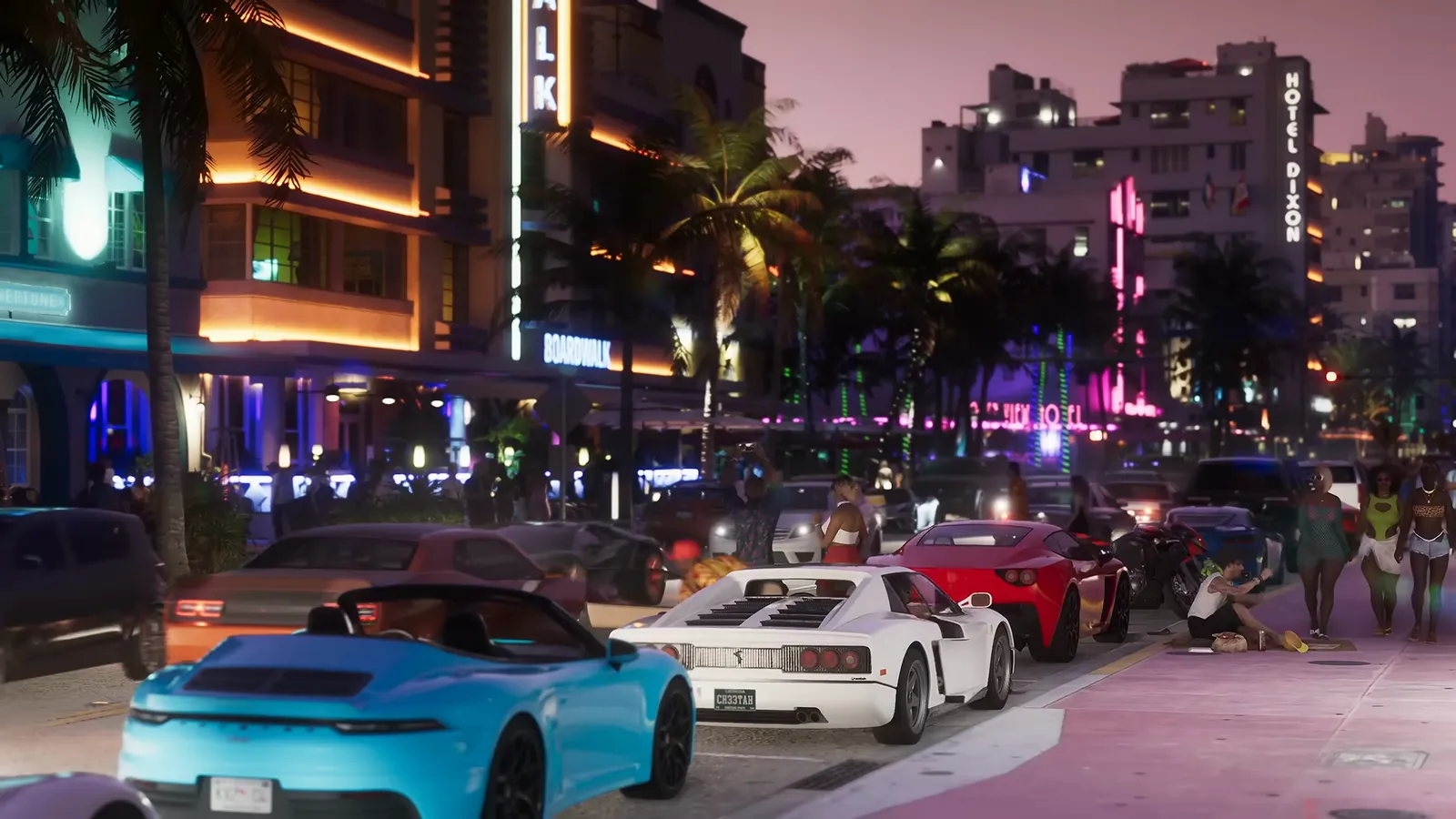 Shore Drive in GTA VI: Shore Drive at dusk: neon Art Deco hotels, including the Boardwalk and Hotel Dixon, above a curb lined with supercars.