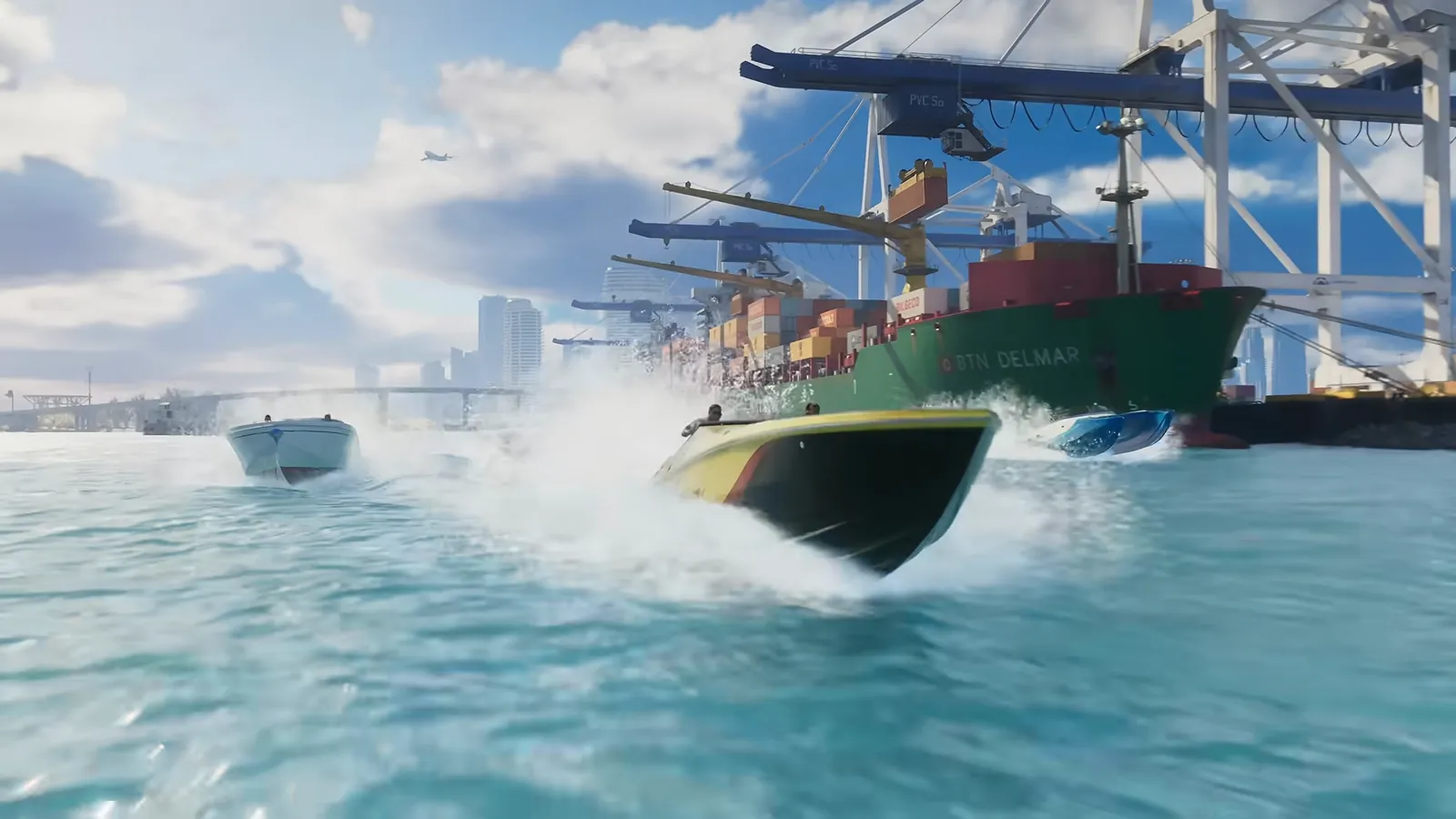 PortViceCity in GTA VI: Speedboats race along the channel past a docked container ship and the port's gantry cranes.