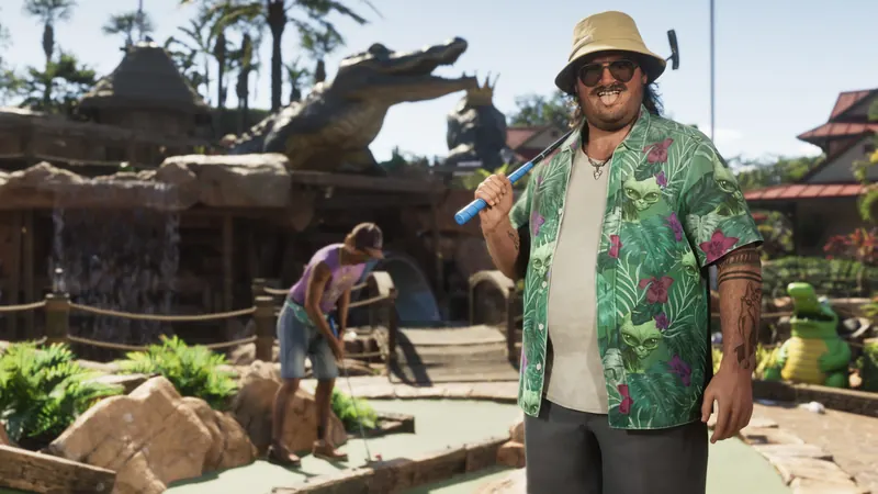 Cal Hampton with a bat at a gator-themed roadside attraction.