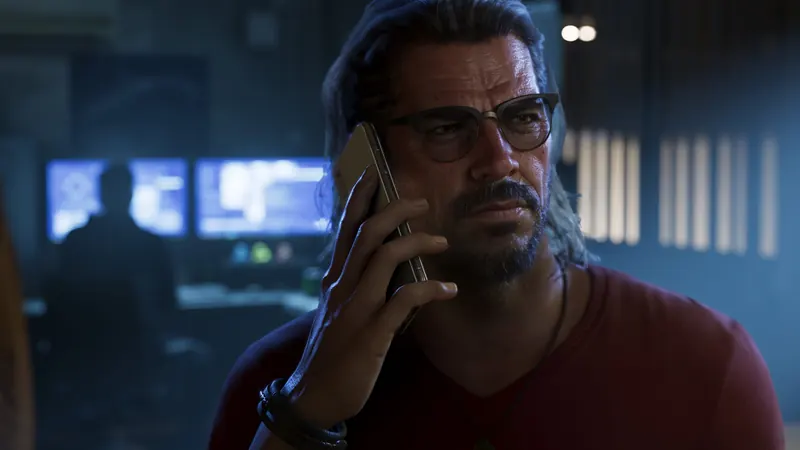 Raul Bautista on the phone in a dark room with monitors.