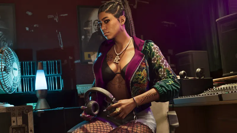 A member of Real Dimez in a recording studio holding headphones.