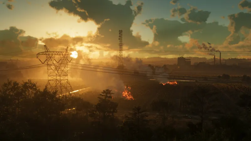 A field of crops burning at sunset in Ambrosia.