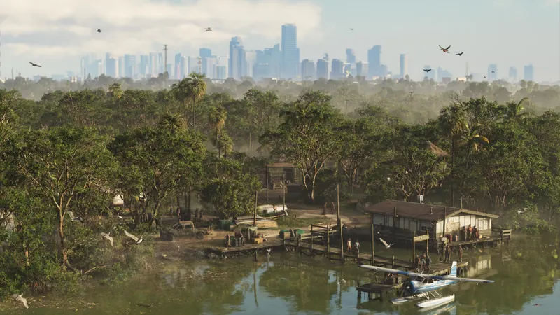 Hardwood hammock and mangroves with a stilt cabin and floatplane; Vice City skyline on the horizon.
