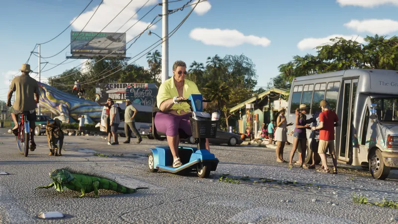 An iguana walks in front of a mobility scooter in the Leonida Keys as people pass by in the background.