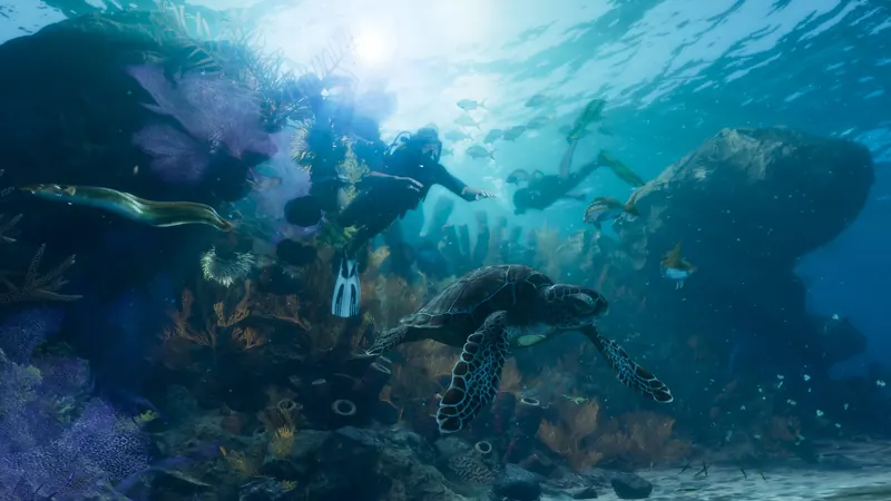 Two scuba divers swimming underwater in the Leonida Keys surrounded by aquatic life including coral, fish, an eel, and a sea turtle.