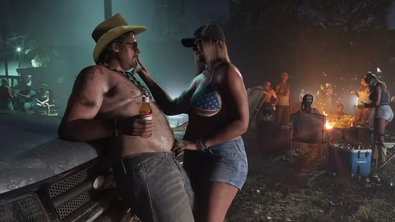 People gathered at a bonfire in Port Gellhorn. One couple is off to the side with the man leaning back on the hood of a truck and the woman putting her finger to his mouth while reaching for his belt.