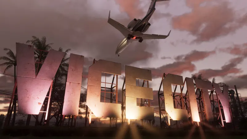 A jet flying over a sign that says Vice City.