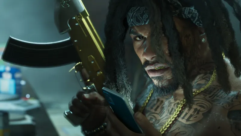 Man with dreadlocks and a bandana holding a gold-finished rifle.